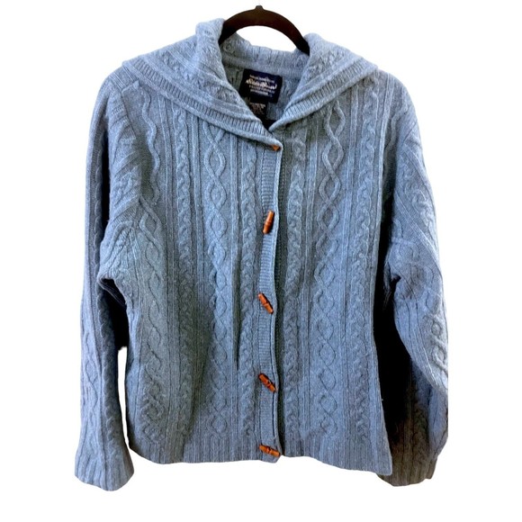 Eddie Bauer Women’s XL Blue Lamb's Wool Hooded Long Sleeve Cable knit Cardigan - Picture 7 of 12